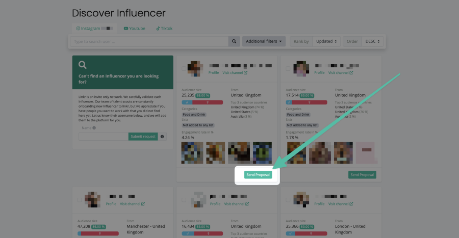 On the linkr menu item "Discover" you create your own proposal for a cooperation with a specific influencer. How?